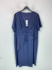 Scarlett & Jo Navy Plain Midi Dress V Neck Ruffle Sleeve Stretch Party UK 30 NEW