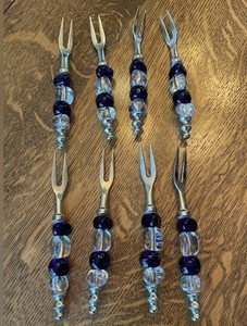 Glass Blue Beaded Cocktail Forks - 8