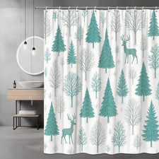 Winter Forest Deer Shower Curtain - Teal Green and Grey Design