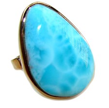 Natural Blue Larimar Ring Size 8 18K Rose Gold Over 925 Silver Handmade