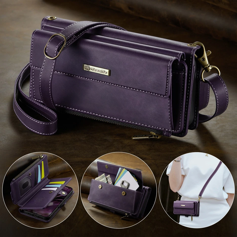 For iPhone 16E 16 Pro Max 16 Pro Plus Strap Zipper Leather Wallet Flip back Case - Image 4 of 4