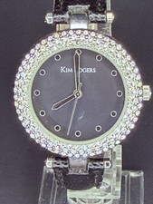 Kim Rogers Womens 34mm Silver Case NEW BATTERY Black Dial Crystal Bezel 876