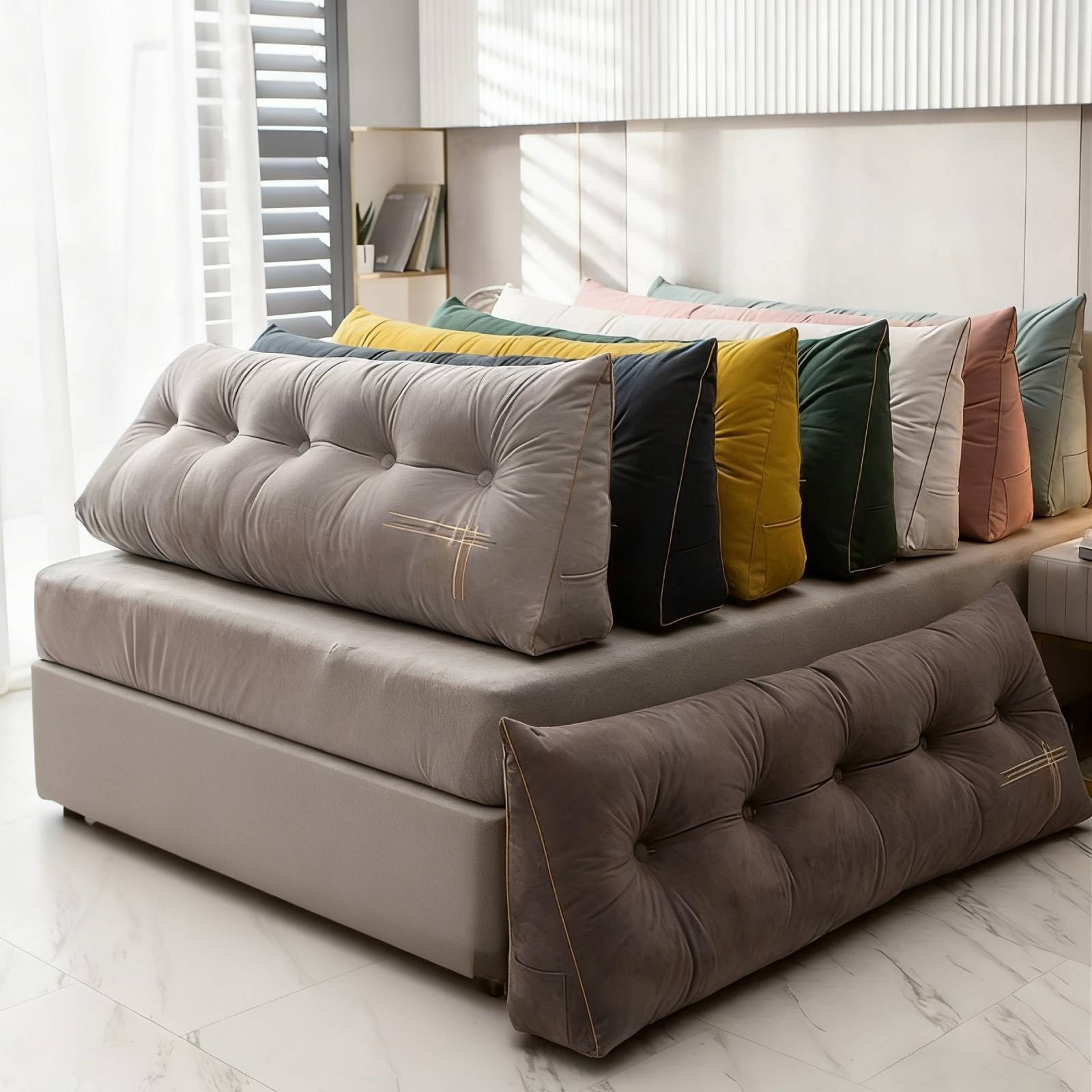 Headboard Pillow Triangular Wedge Bed Backrest Pillow Velvet w/ Removable Cover-image
