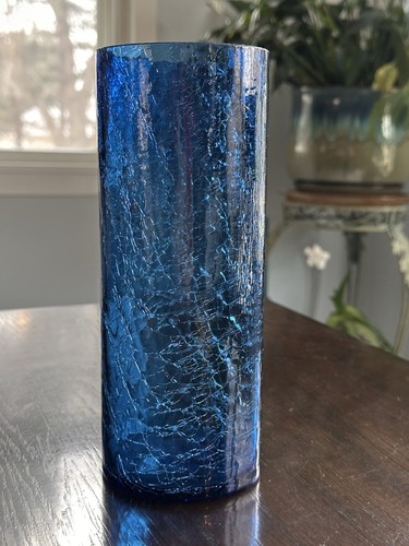 9” Cobalt Blue Crackle Glass Vase Made In Taiwan - Picture 7 of 9
