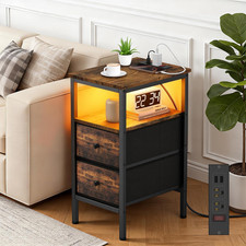 End Table with Charging Station and LED Light, Narrow Side Table with 2 Fabric D