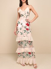 Lulu's - Beige Ruffled Tiered Maxi Dress With Floral Embroidery