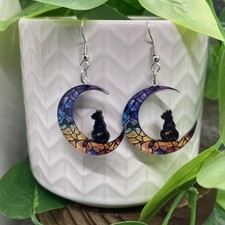 2  Silver-tone Acrylic Boho Cat Drop Dangle Earring Set New Free Ship B8278