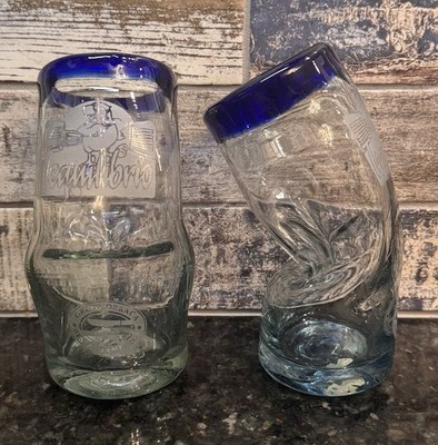 2 Mexican Drunk Drinking Glasses Hand Blown Bent Pinched Blue Rim Souvenir