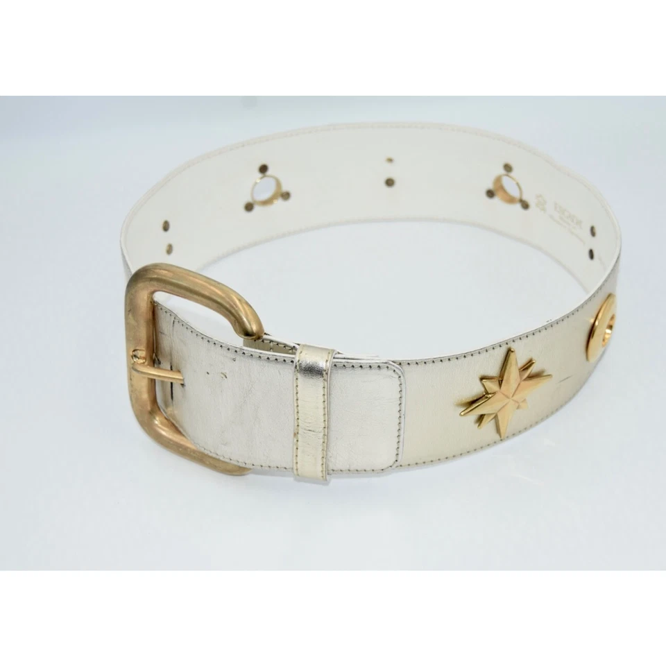 34Vintage Escada Champagne Metallic Gold Star Charm Leather Waist Belt 34 - Image 2 of 4