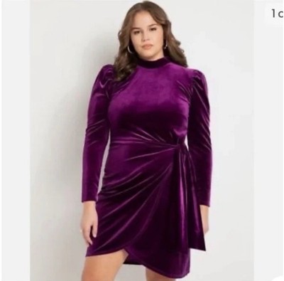 eloquii party dresses Eloquii Purple Velvet Long Sleeve Mock Neck Wrap Short Party Dress Plus  Size 20