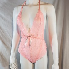 Victoria's Secret Deep V Plunge Bodysuit Large Peach Pink Sheer Lace