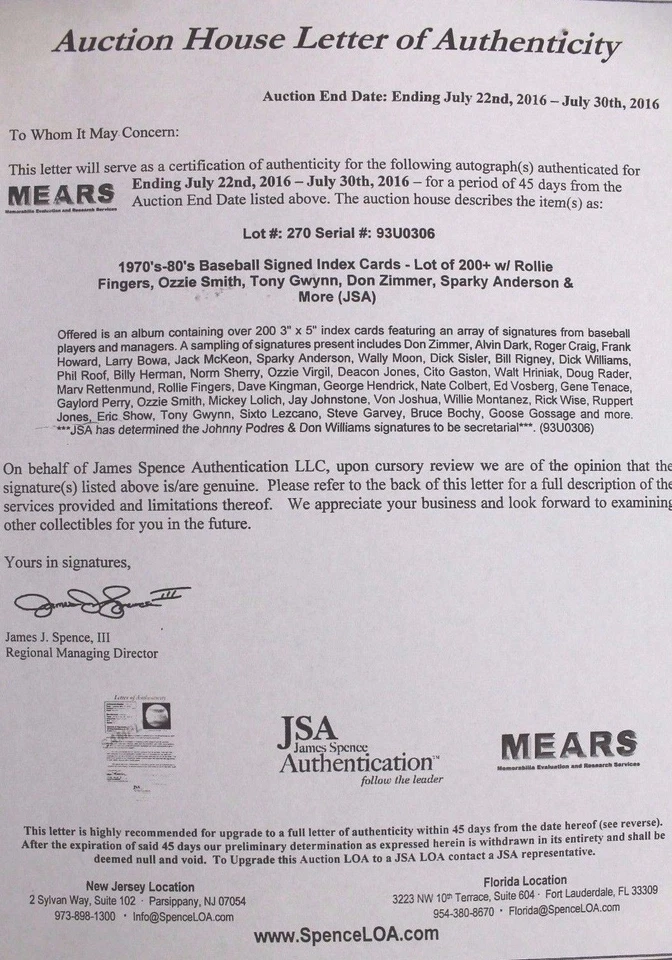 Bip Roberts Padres Reds Royals Indians Tigers Autographed 3x5 Index Card JSA 17D - Image 4 of 4