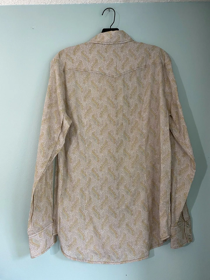 Theory Aqua Pink Yellow Brown Beige Green Paisley Western Pockets Shirt Small - Image 3 of 4