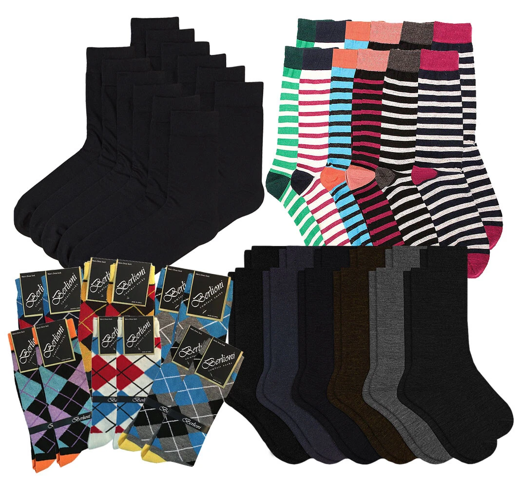 Pack of 12 Men’s Premium Cotton Fashion Casual Mid Calf Patterned Dress Socks
