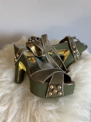 Marc By Marc Jacobs Leather Strappy Platform Studded Green/ Olive Size 38 - Picture 6 of 7