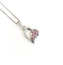 New 925 Sterling Silver Pink Crystals Heart 18" Pendant Necklace