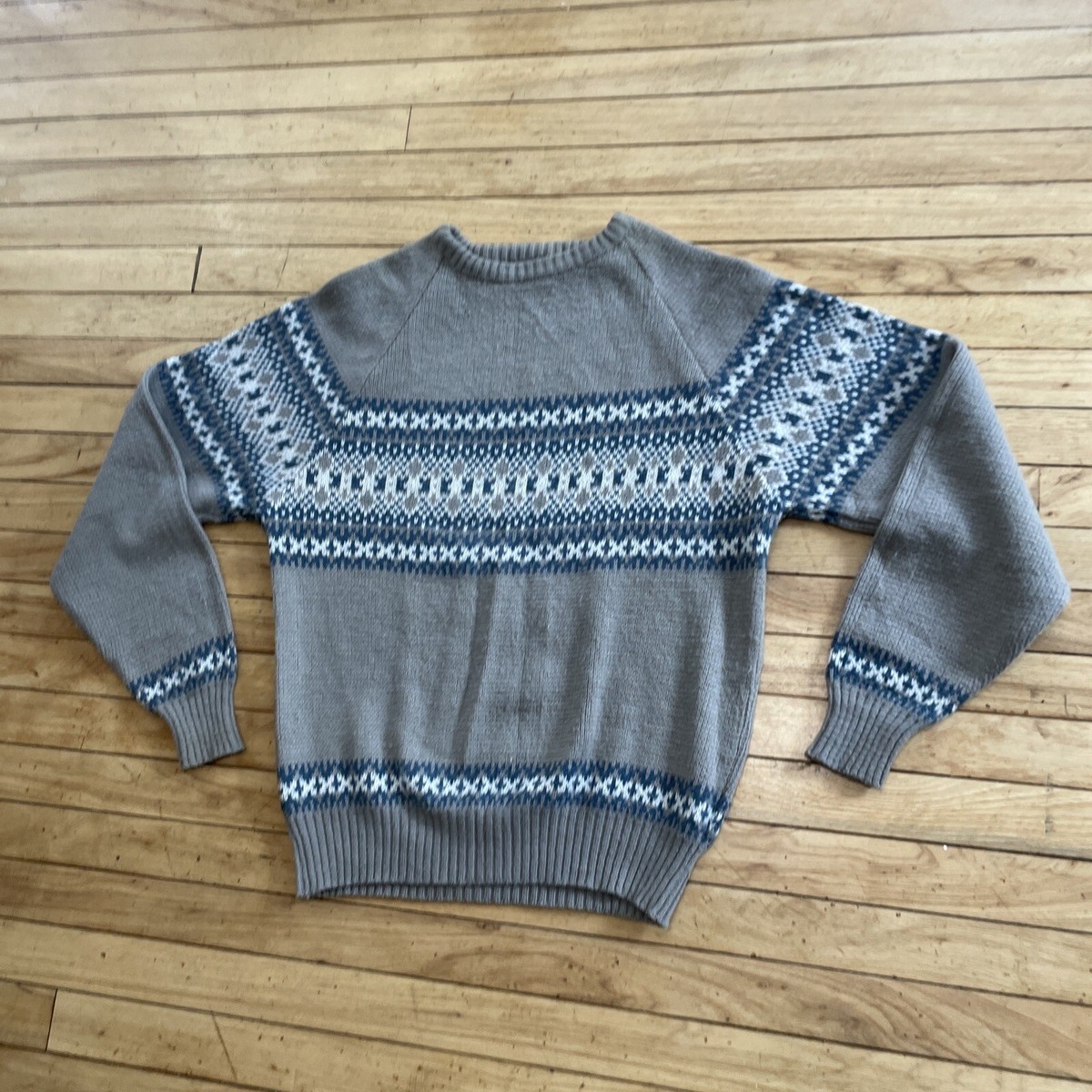 FAUCHON Men's Sweater XL Gray Blue FAIRISLE Stripe Korea VTG