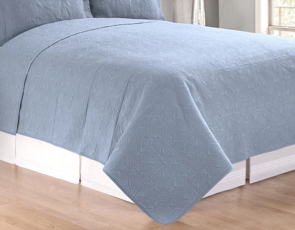 COLONIAL BLUE 1pc Twin 66x86 QUILT : 100% COTTON MATELASSE TILE COVERLET - Image 3 of 3