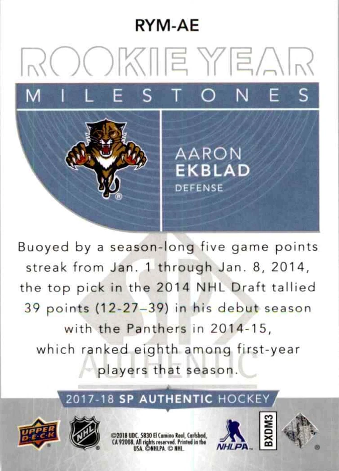 2017-18 Upper Deck SP Authentic Rookie Year Milestones Aaron Ekblad #RYM-AE - Image 2 of 2