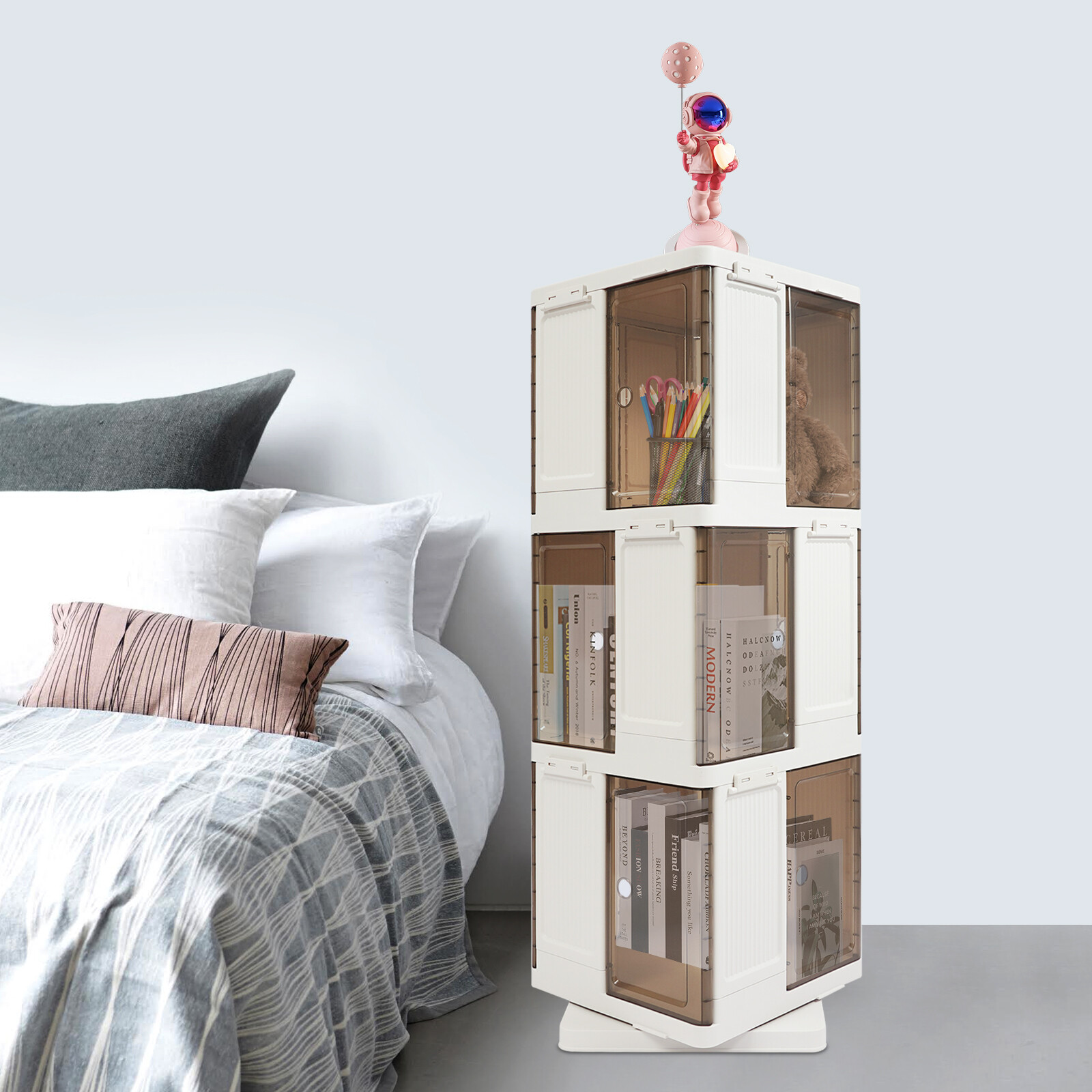 3-Tier Spinning Floor Bookcase for Compact Book Storage  