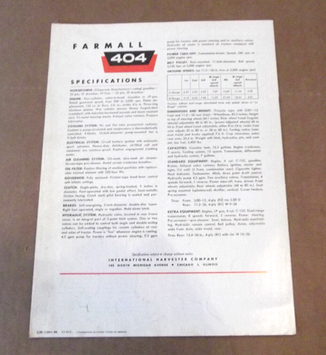 IH International Harvester McCormick Farmall 404 Tractor Sales Brochure 4 Pgs - Picture 3 of 3