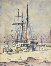 Three Masts Docked Watercolor Circa 1920 Anonymous France