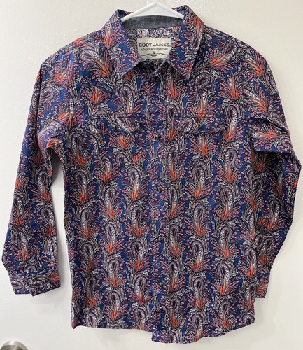 NWOT Cody James Boys Snap Button Down Shirt Size Med LSleeve Paisley Blue Red - Picture 3 of 4
