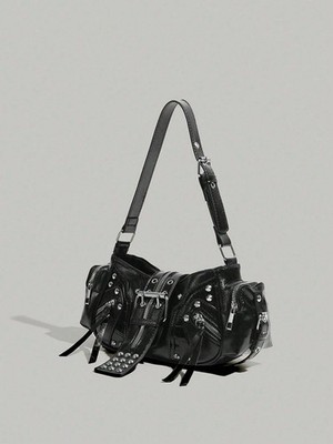Women Black Moto Satchel Y2K Grunge Studded Shoulder Bag Large