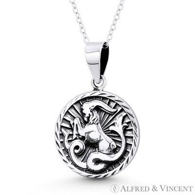 Capricorn Zodiac Sign Goat Solid .925 Sterling Silver Animal Pendant & Necklace