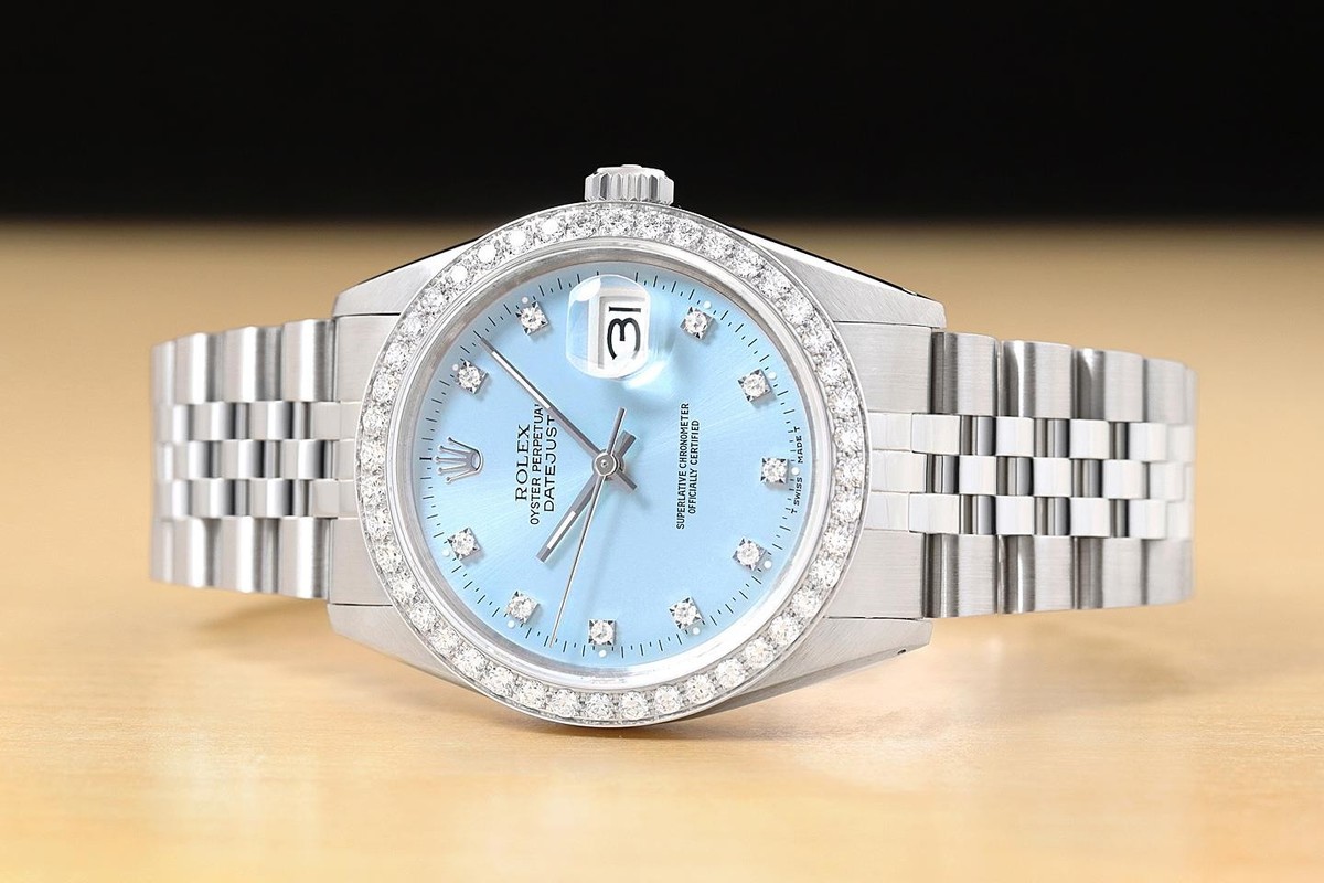 ROLEX DATEJUST 16234 FACTORY DIAMOND 1.6 CT BEZEL 18K GOLD STEEL ICE BLUE WATCH View 3