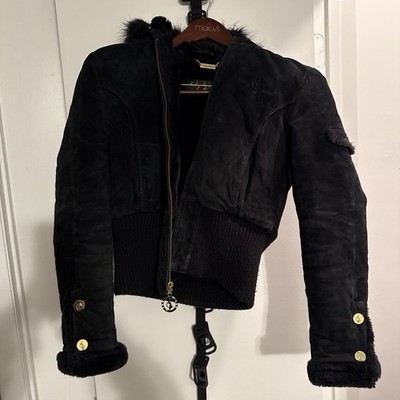 Baby Phat Women's Black Faux Suede Bomber Jacket Faux Fur Trim Full Zip S