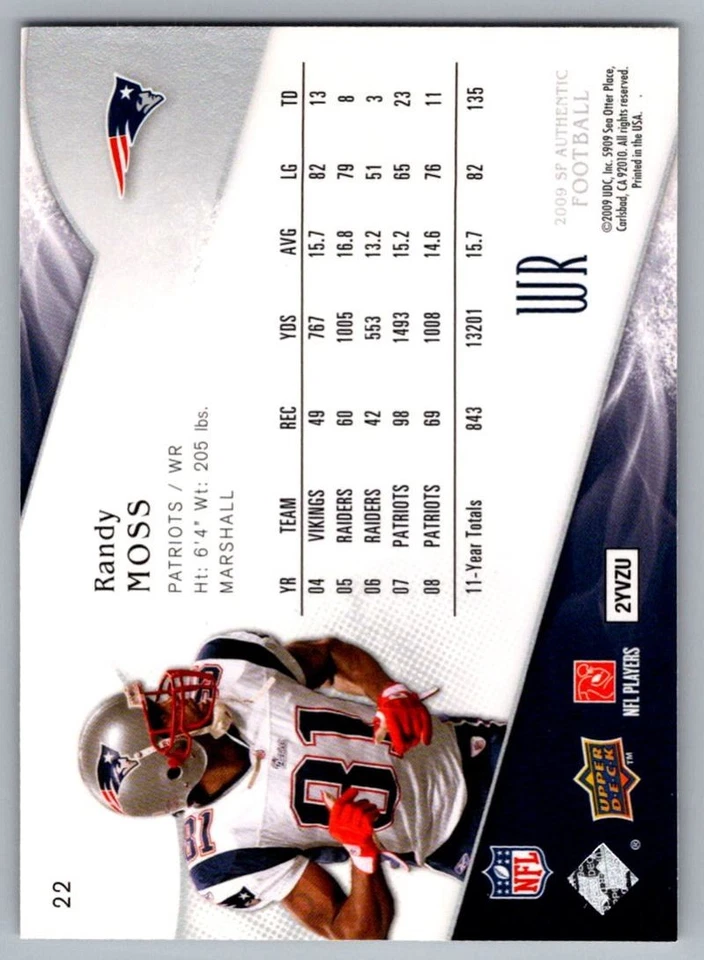 2009 SP Authentic Randy Moss New England Patriots #22 - Image 2 of 2