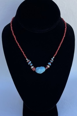 Hand Made Sleeping Beauty Turquoise? Red Seed Bead Glass Beaded Necklace 17.5 