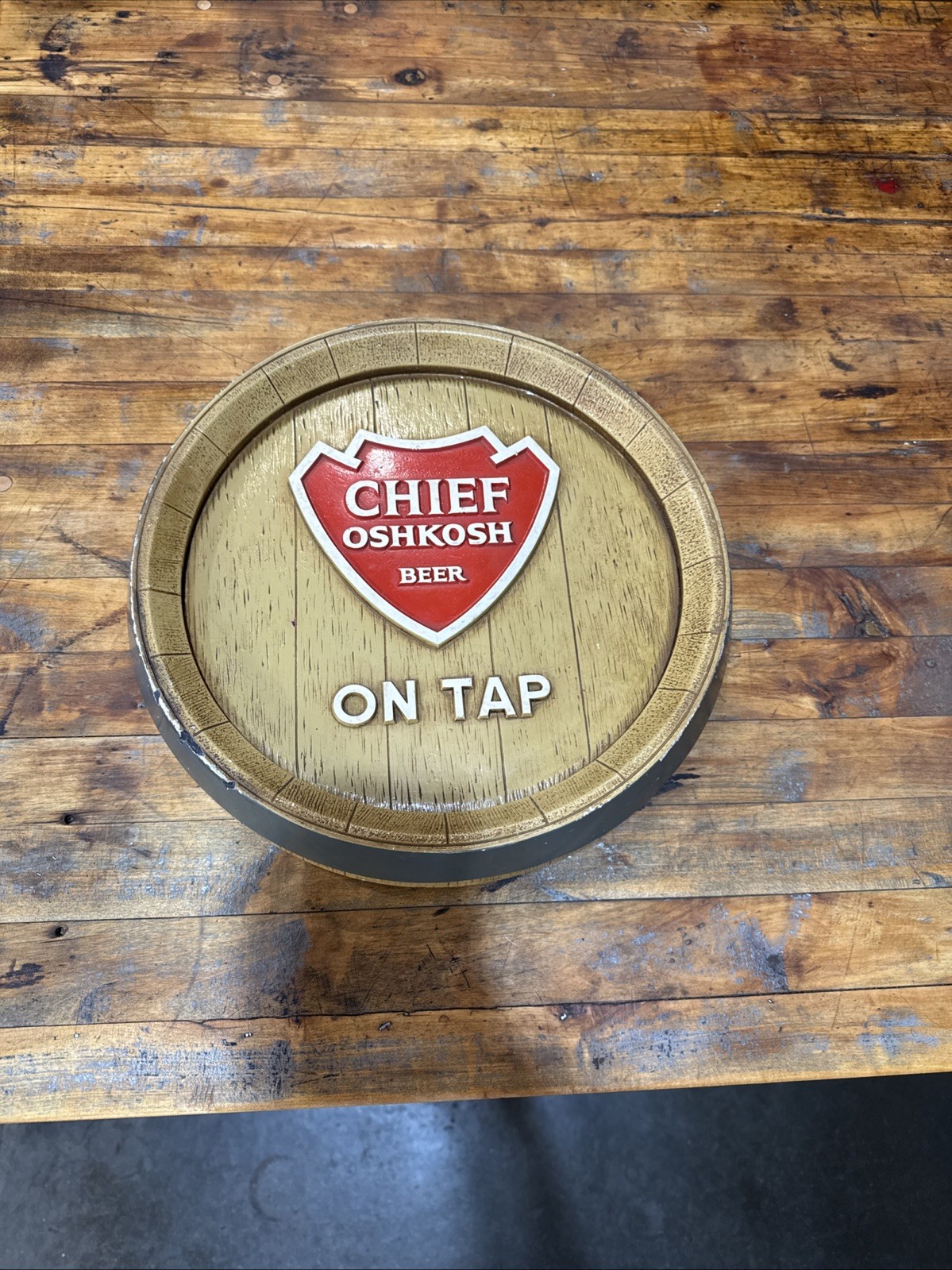 Vintage Chief Oshkosh Bar Game Room Man Cave Barrel Sign Rare