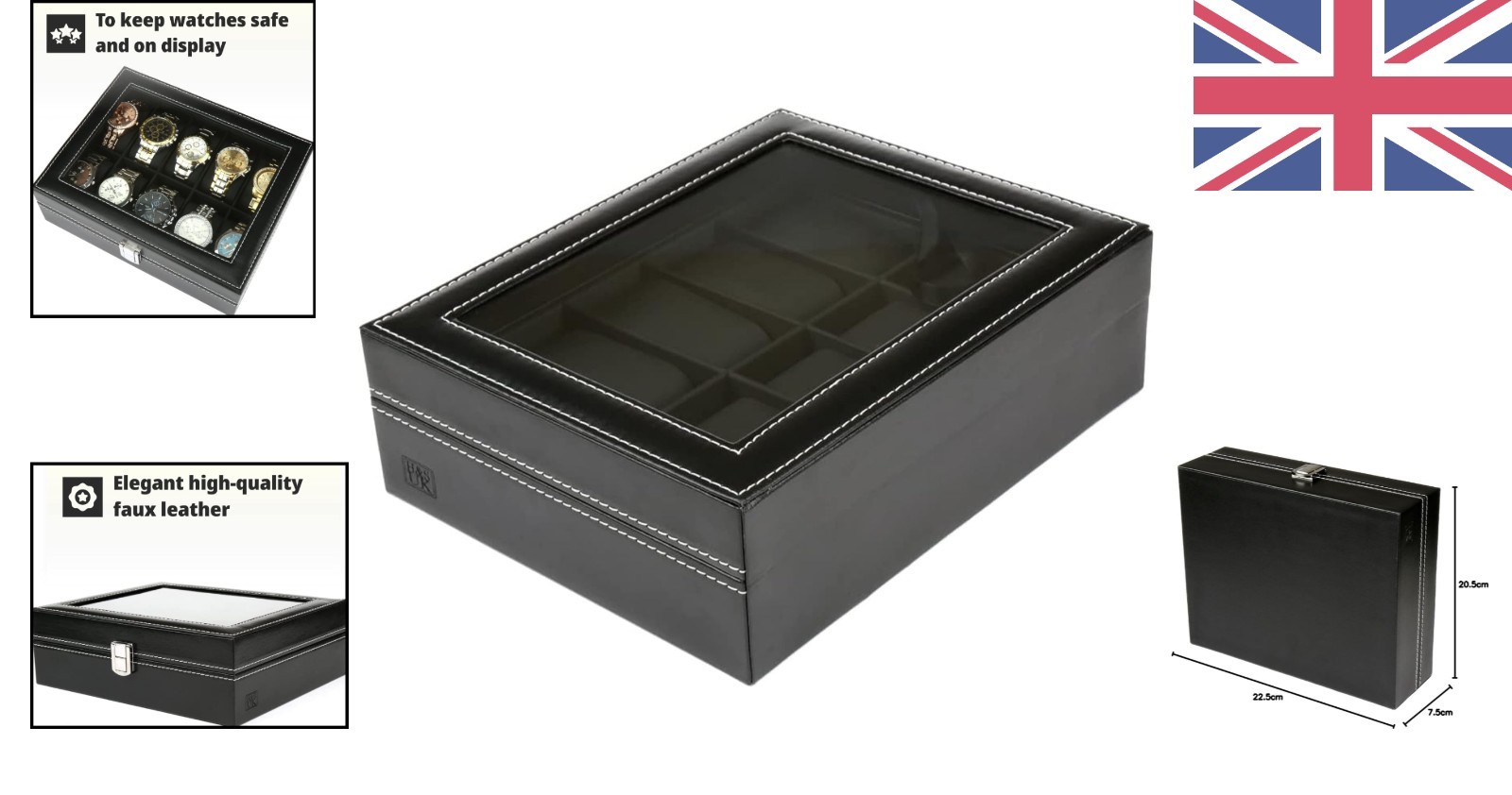 Elegant 10-Compartment Faux Leather Watch & Jewelry Storage Box with Glass Lid