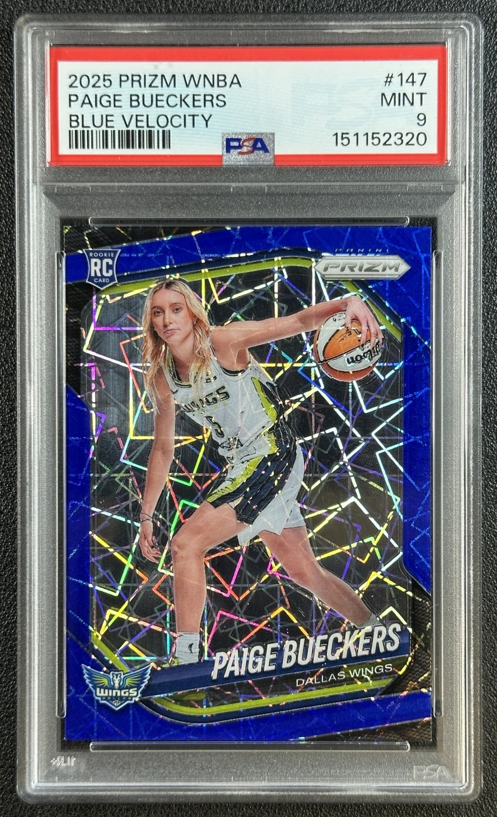 PAIGE BUECKERS PSA 9 2025 PANINI WNBA PRIZM #147 ROOKIE BLUE VELOCITY WINGS 2320