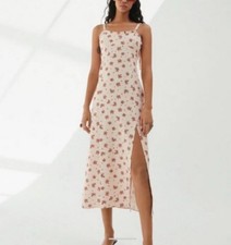 ZARA Floral Tie Strap Linen Blend Slit Midi Dress Smock L Beach Resort Vacation