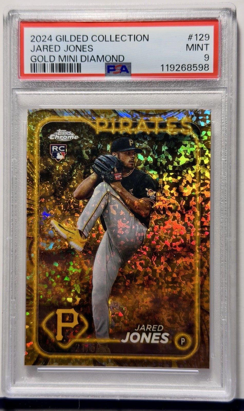 2024 Topps Gilded Collection Jared Jones Gold Mini Diamond /50 RC #129 PSA 9 POP view 1