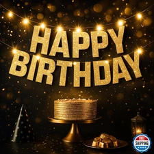 KatchOn Light Up Happy Birthday Banner - 10ft, 8 Modes, Glitter Golden