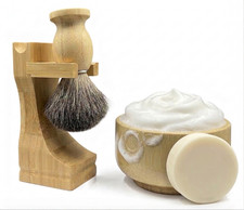Bamboo Wood Shaving Set, Pure Badger Shave Brush Bowl Fragrance Free Soap-4PCS