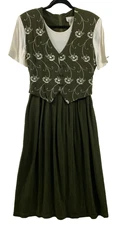 Vintage Allison-che Women's Dress Green Size 14 Floral Embroidered attached Vest