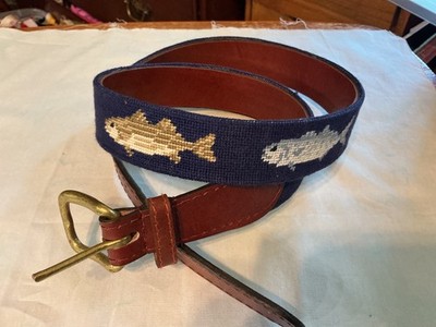 Smathers & Branson Rock Fish Blue Fish Needlepoint Leather Belt   Size 36