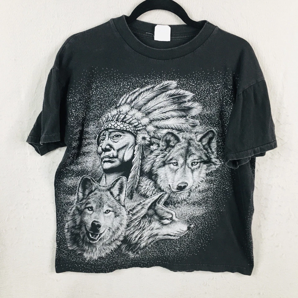 Camisa Guerrero Indio De Colección Adulto Grande Lobo Negro Arte para Usar Primitivo Desteñido Foto 2 de 4