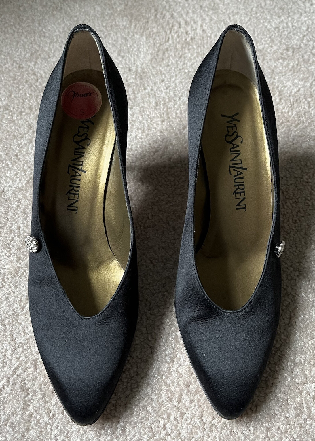 Scarpe décolleté vintage YSL Yves Saint Laurent raso nero con strass taglia 6 S