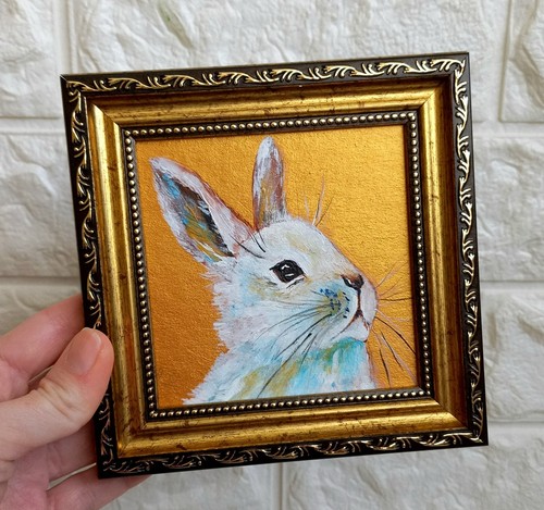 Linda pintura de conejo original enmarcada en oro arte conejo blanco pintura de conejo - Imagen 4 de 12