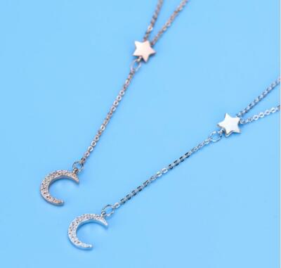Moon Star Silver SP/Rose Gold GP Pave CZ Tassel Choker Necklace