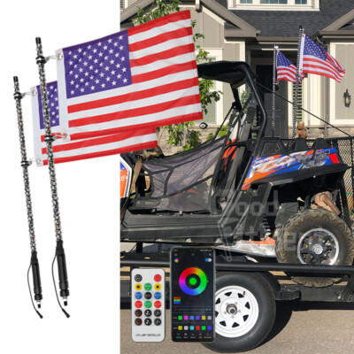 Pair 4ft RGB Spiral LED Whip Light Antenna W/ Flag & Remote For ATV Polaris RZR