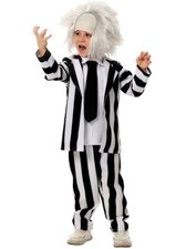 Kids Beetlejuice 2 Master Cosplay Costume Black White Striped Uniform Wig