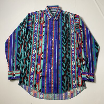 Vintage Wrangler Shirt Mens 15.5x34 Aztec Western Button Down Long