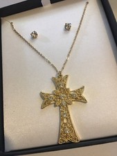 Crystal Ornate Cross Pendant And Stud Earring And Necklace 2 Piece Set-New
